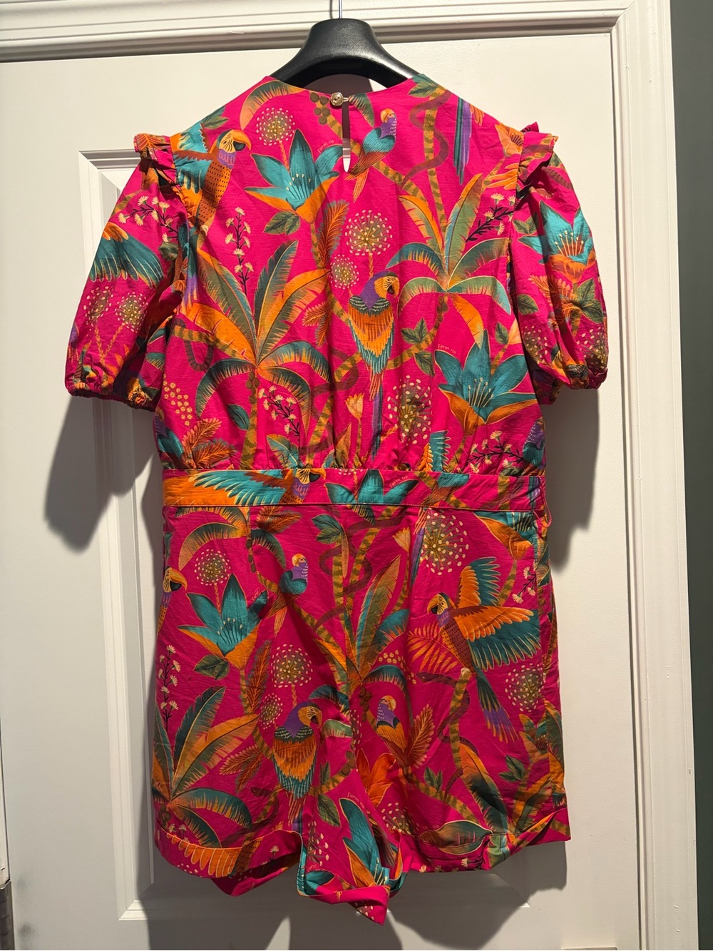 FARM RIO Bright Pink Tropical-Print One-Piece Romper with Belt - Picture 4 of 6